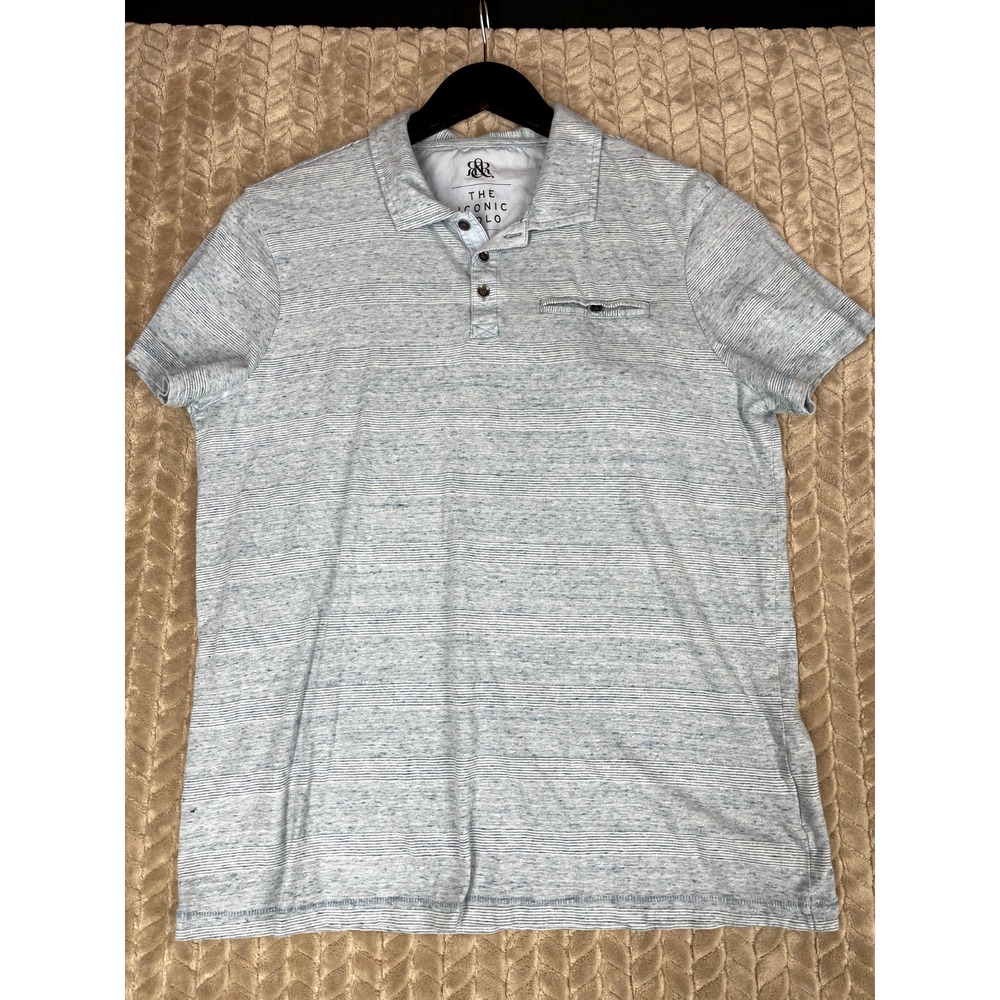 Rock & Republic Polo Shirt Men L Blue Striped Short Sleeve Pocket 0053‎